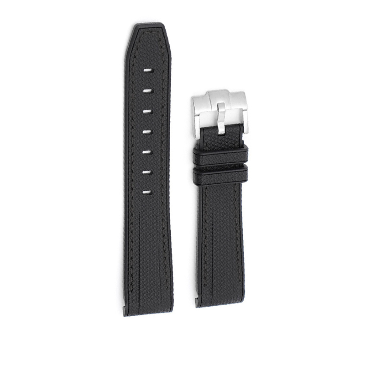 Schwarzes Uhrenarmband mit strukturierter Oberfläche und silberner Schnalle. Isoliert auf weißem Hintergrund.