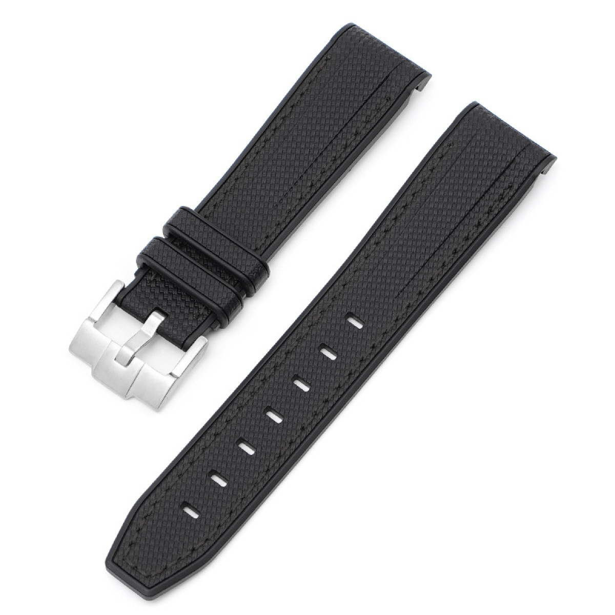 Schwarzes Uhrenarmband mit strukturierter Oberfläche. Das Armband hat Nähte entlang der Kanten und eine silberne Schnalle.