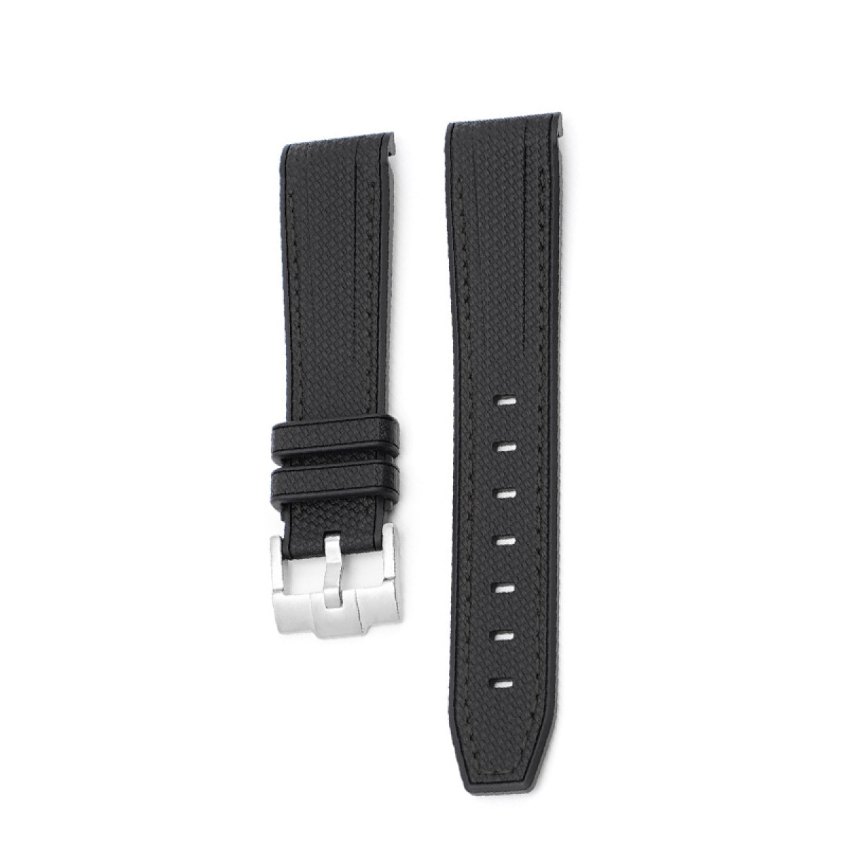 Schwarzes Uhrenarmband mit strukturierter Oberfläche. Das Armband hat Nähte entlang der Kanten und eine silberne Schnalle.