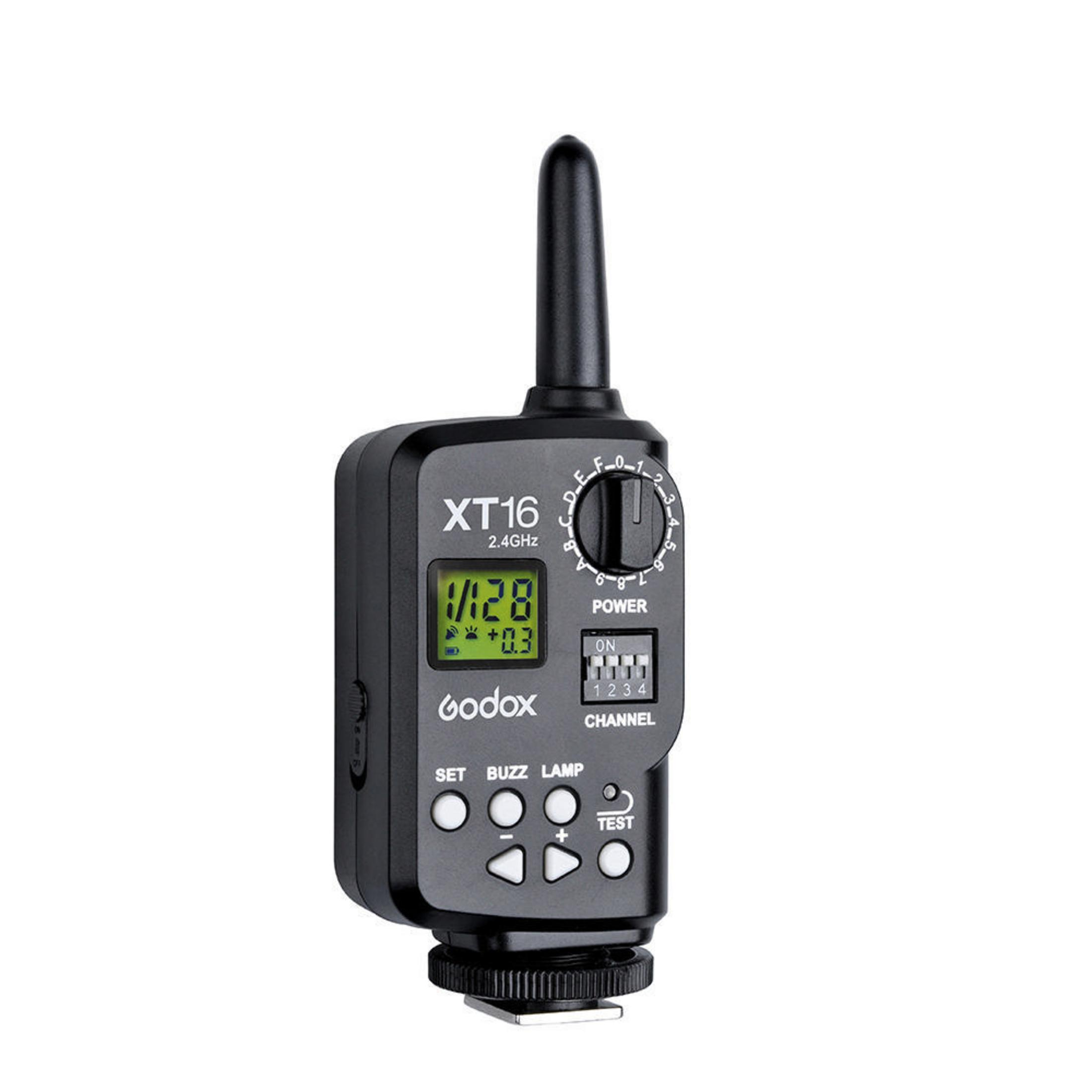 Schwarzer Godox XT16 Trigger mit Bildschirm und Knöpfen. Er hat eine Antenne.