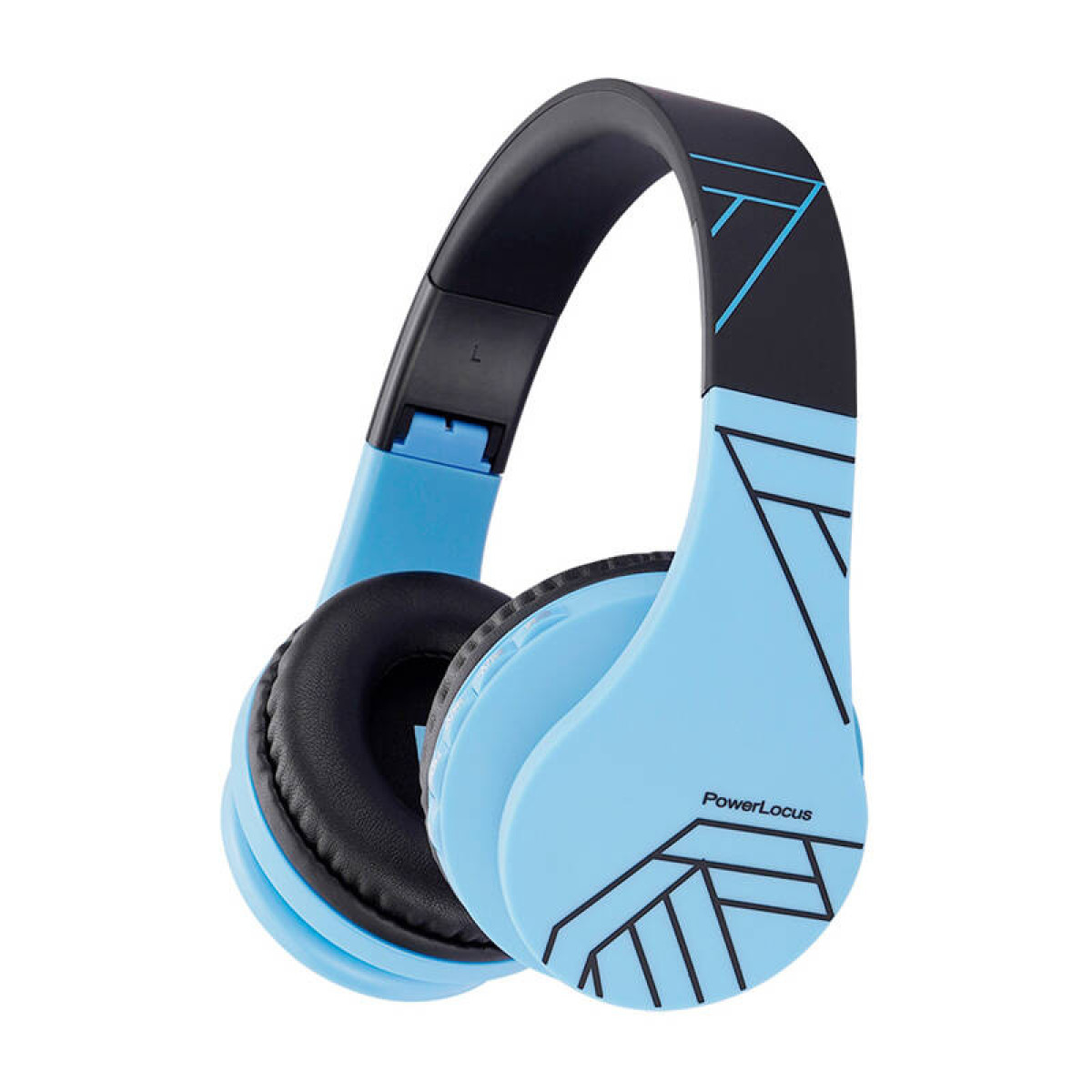 Cuffie blu con dettagli neri. Il design presenta un motivo geometrico sui lati e sulla parte superiore.
