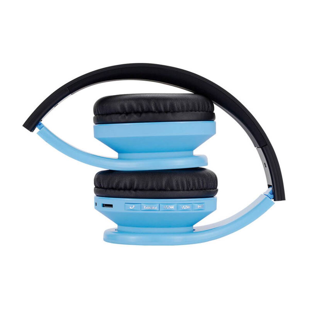 Cuffie piegate blu chiaro e nere. I padiglioni sono neri. L'archetto è nero e i padiglioni blu.