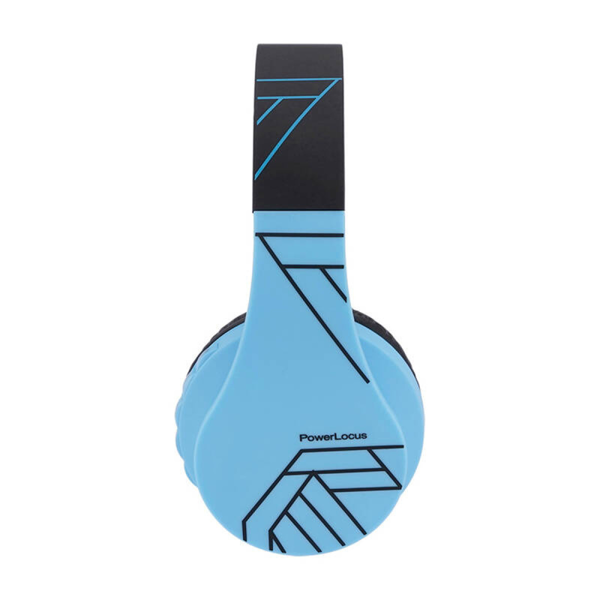 Cuffie blu con dettagli neri. Il design presenta un motivo geometrico sui lati e sulla parte superiore.