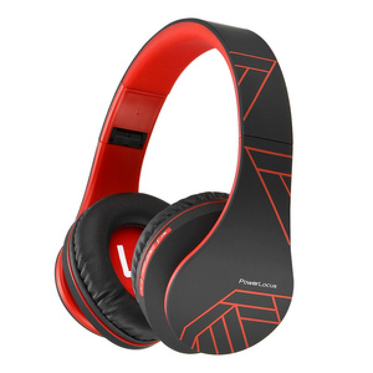 Schwarze und rote Kopfhörer, schräge Ansicht, die Ohrmuscheln und das Kopfbügeldesign zeigend.