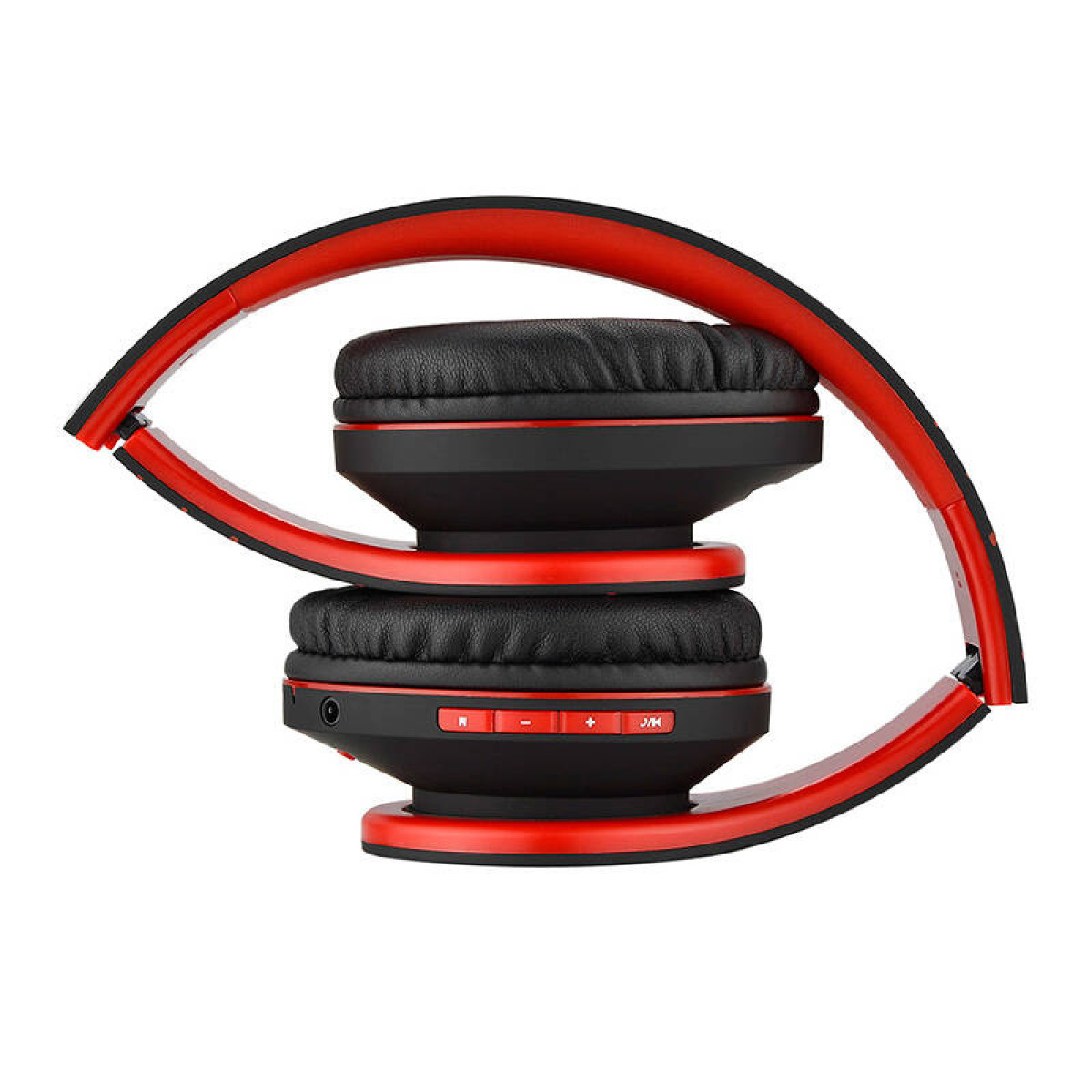 Gefaltete rote und schwarze Kopfhörer, Ohrmuscheln und Kopfbügeldesign zeigend.
