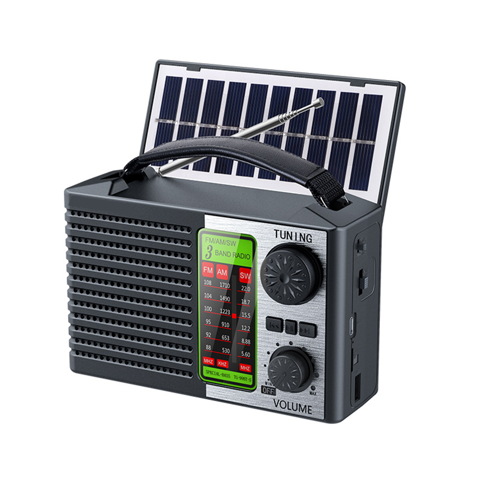 Schwarzes Radio mit Solarpanel. Enthält Griff und Antenne. Knöpfe zum Einstellen und zur Lautstärkeregelung.