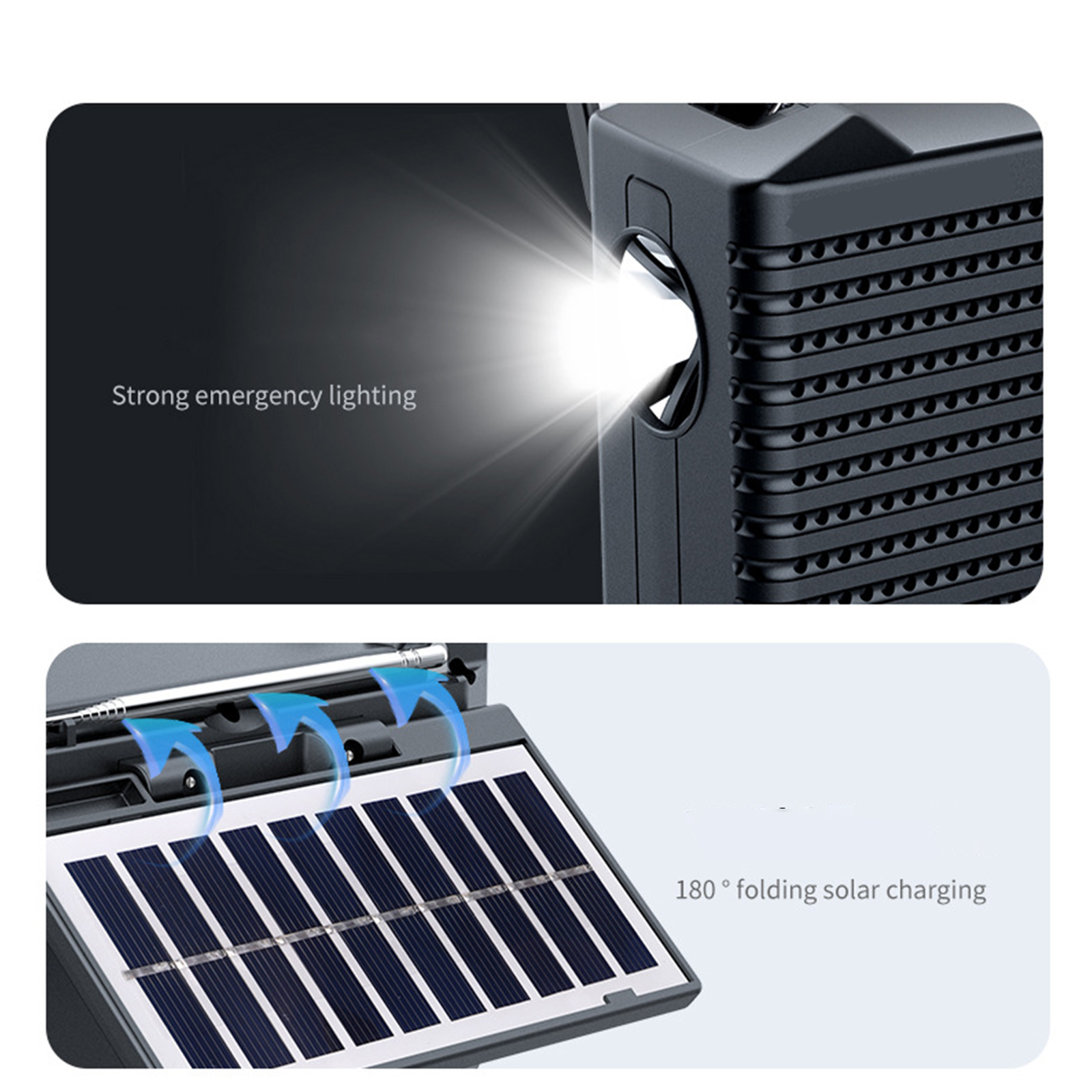 Nahaufnahme eines Radios. Die Oberseite hat ein Solarpanel. Texte sagen "Starke Notbeleuchtung" und "180° faltbare Solarladung".