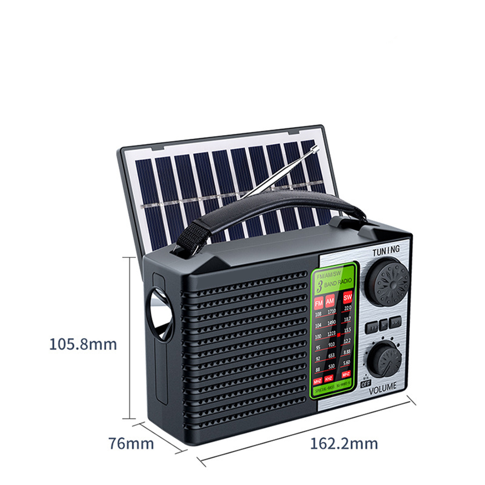 Ein schwarz-graues Radio mit Maßen. Es hat einen Griff und ein Solarpanel.