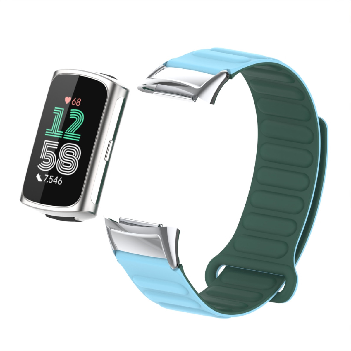 Eine Fitbit-Uhr mit hellblauem und grünem Armband. Es ist abgenommen und zeigt einen Bildschirm.