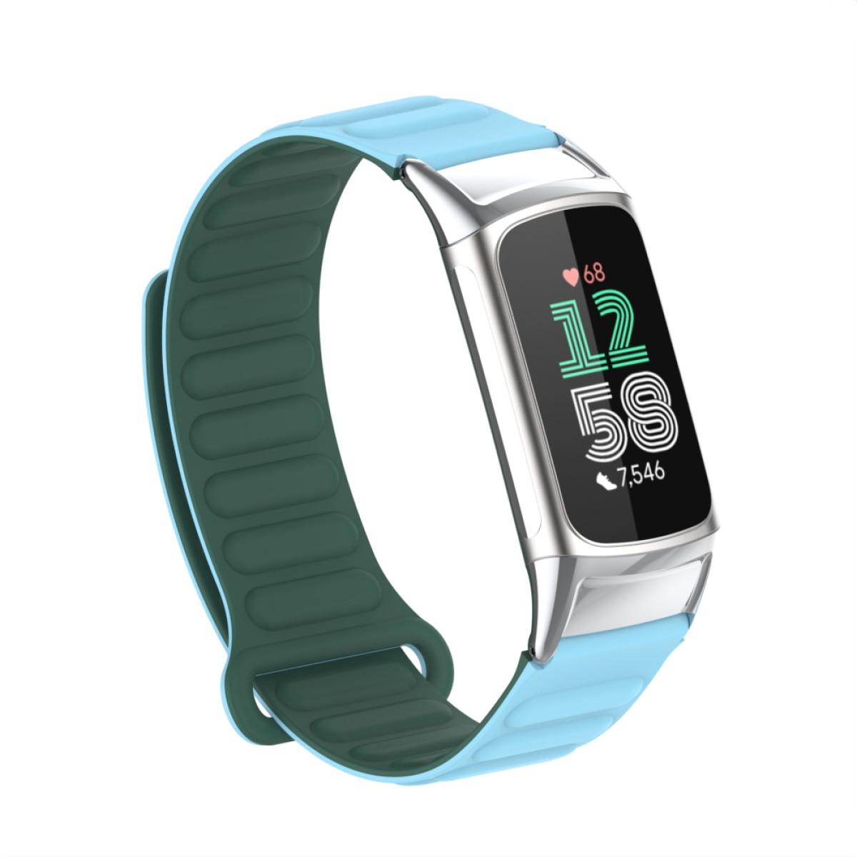 Smartwatch mit blauem Armband, zeigt Zeit und Herzfrequenz. Weißer Hintergrund.