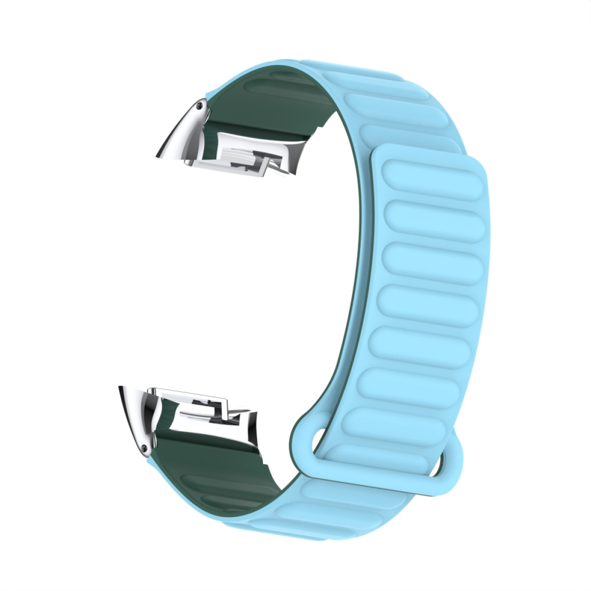 Hellblaues Uhrenarmband mit Metallverschlüssen, vor weißem Hintergrund.