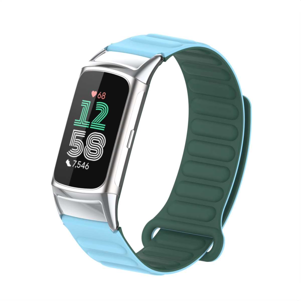 Eine Smartwatch mit hellblauem und grünem Magnetband zeigt Zeit, Herzfrequenz und Schritte an.