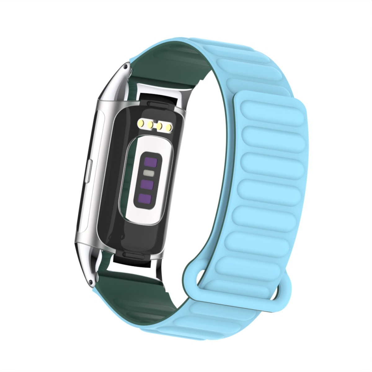Ein hellblaues und silbernes Smartwatch-Armband. Das Armband ist magnetisch und zeigt die Rückseite der Uhr.