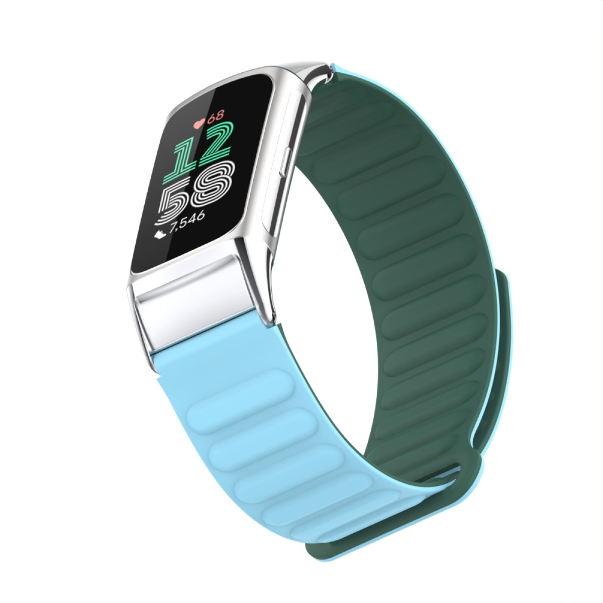 Eine Smartwatch mit hellblauem und grünem Magnetband zeigt Zeit, Herzfrequenz und Schritte an.