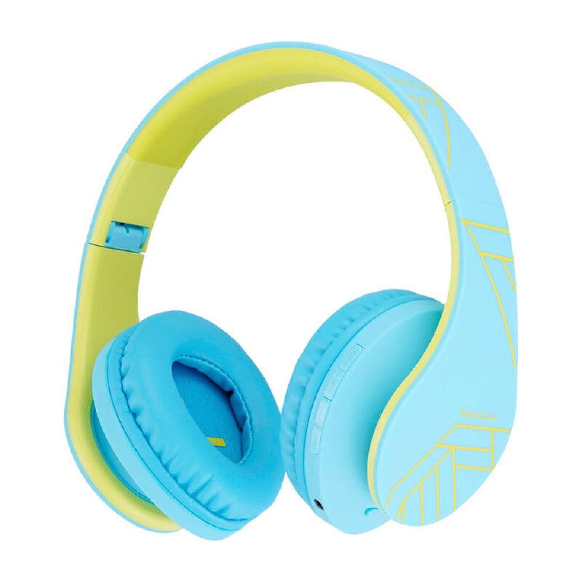 Cuffie blu e gialle su sfondo bianco, che mostrano il loro design.