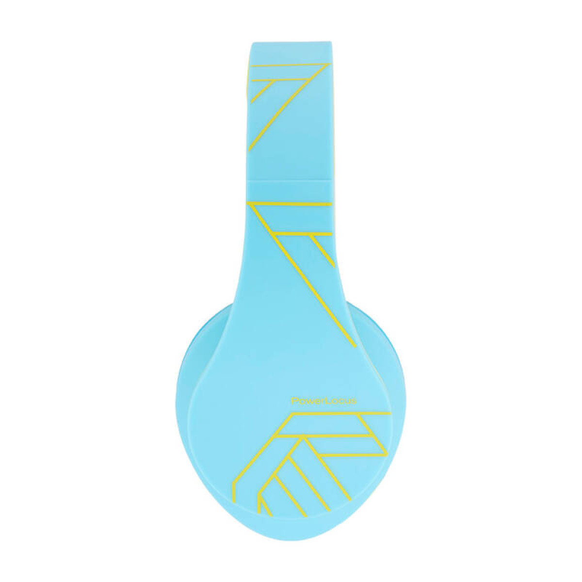 Archetto per cuffie blu con design a linee gialle. Sfondo bianco.