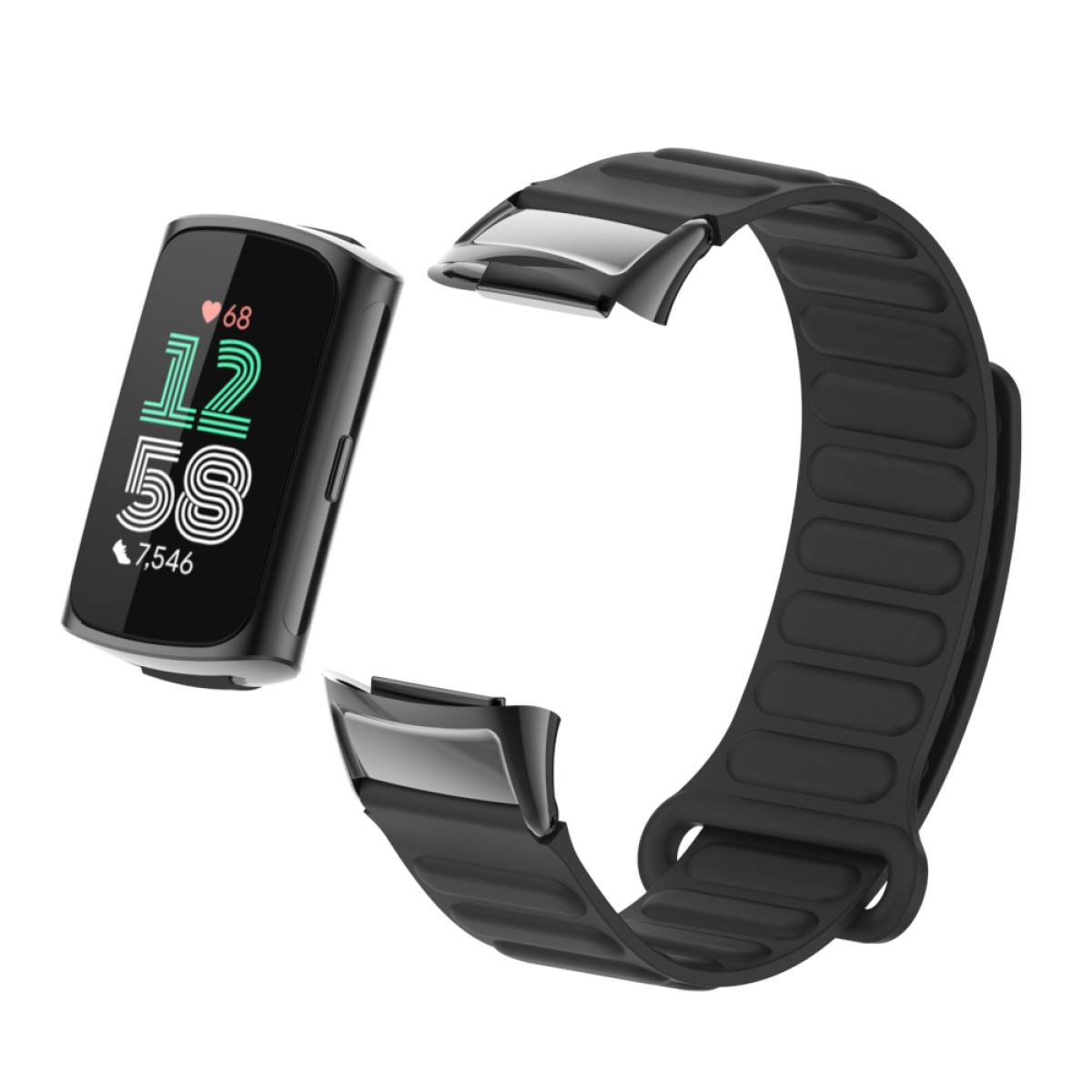 Ein schwarzer Fitnesstracker, der von seinem Band getrennt ist. Das Band ist ebenfalls schwarz mit Magnetverschluss.