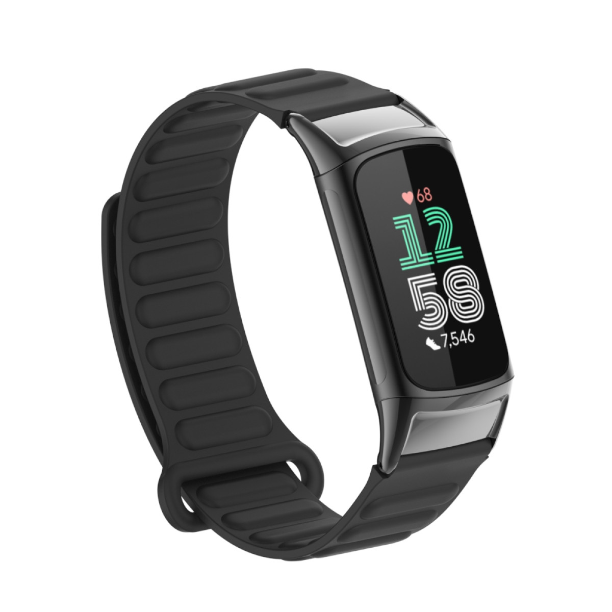 Schwarzer Fitnesstracker mit gebogenem Display. Zeigt Zeit, Herzfrequenz und Schritte an.