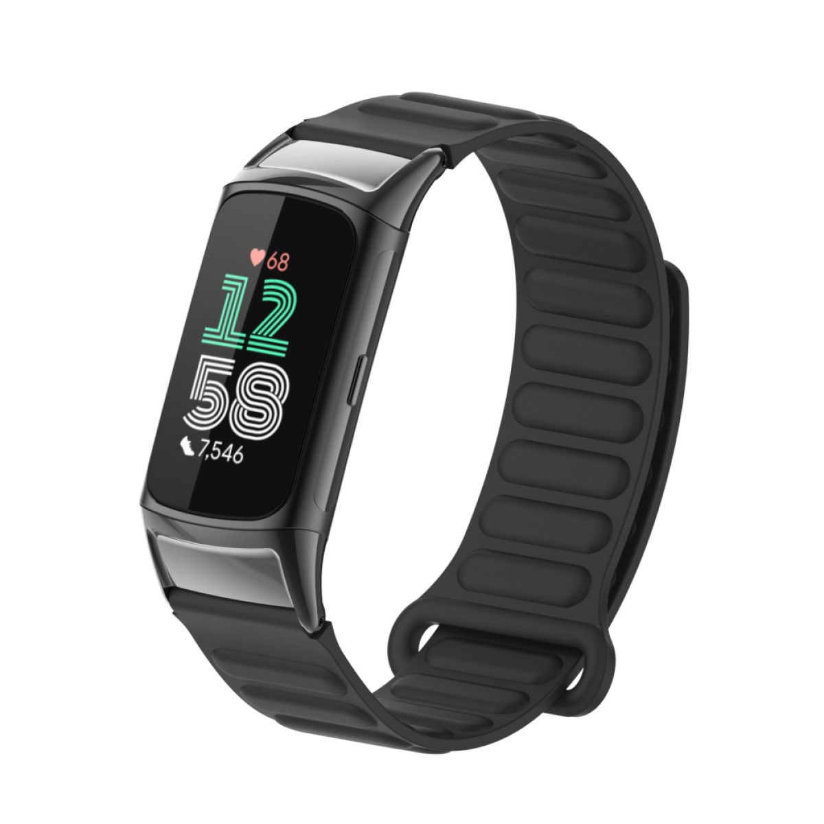 Schwarzer Fitnesstracker am Handgelenk. Tracker zeigt Zeit, Herzfrequenz und Schritte. Das Armband ist schwarz.