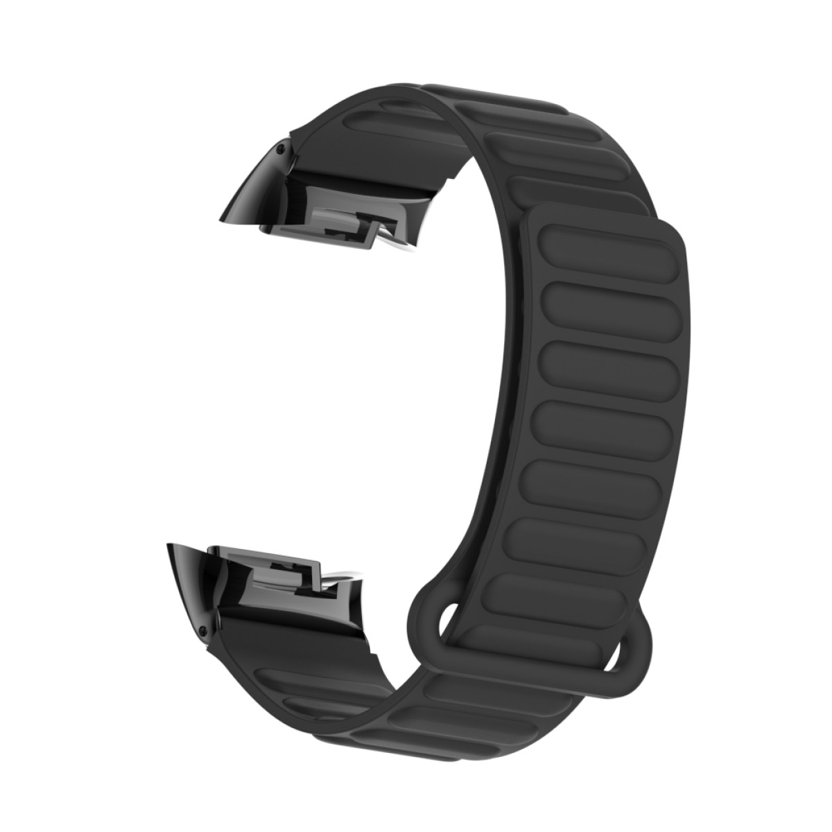 Schwarzes Uhrenarmband, bogenförmig gekrümmt.