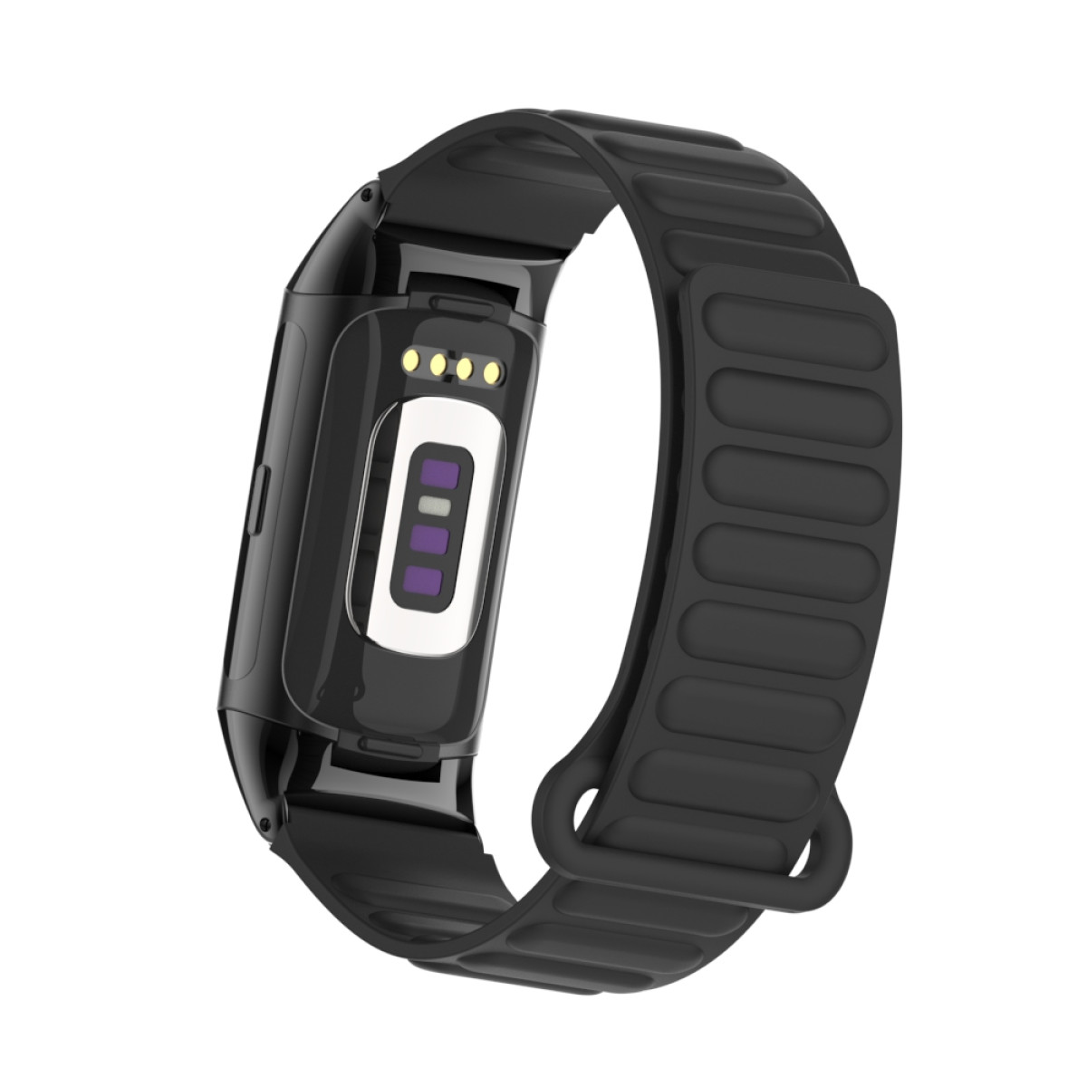 Schwarzes Fitnesstracker-Armband, Rückseite mit Ladekontakten.