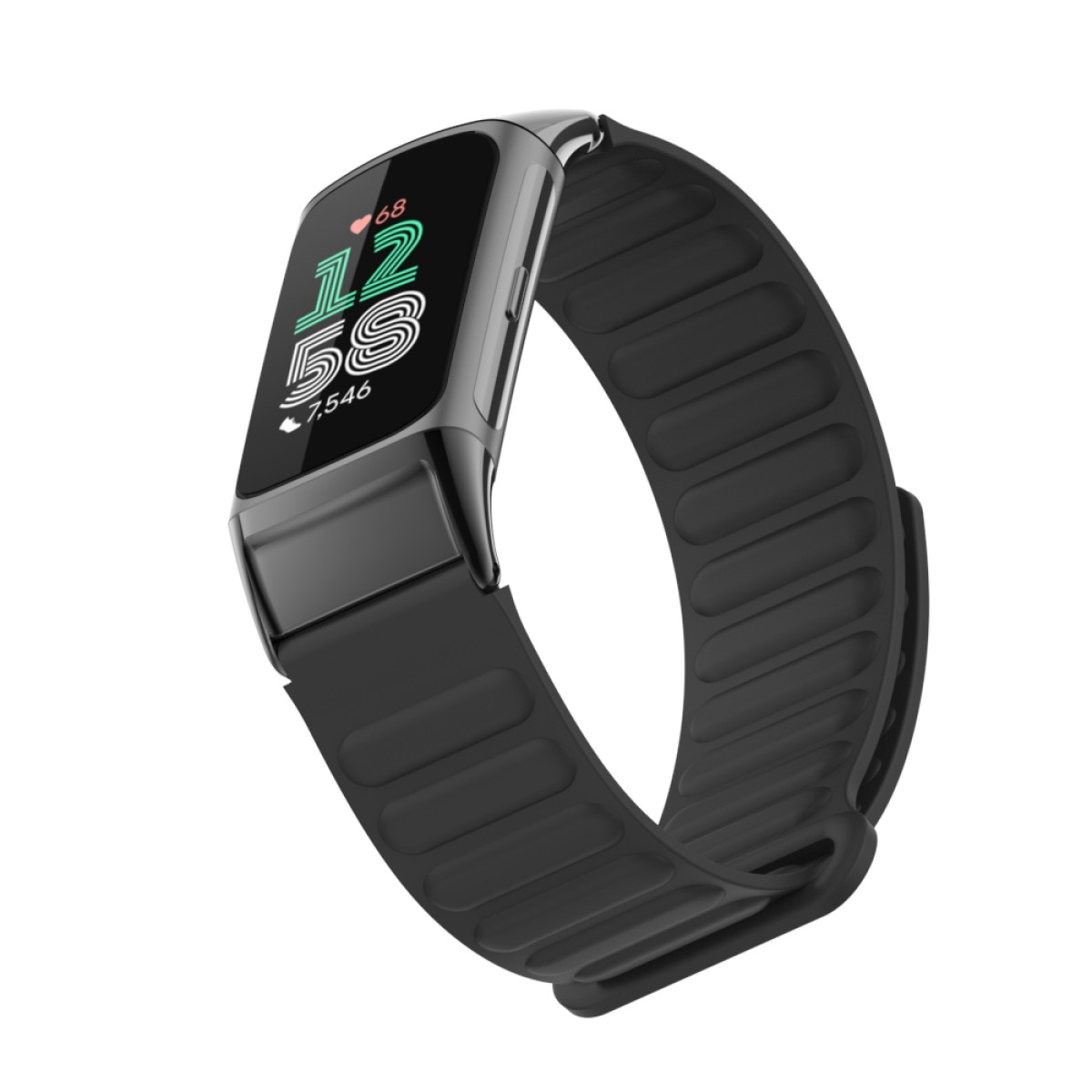 Eine schwarze Smartwatch mit schwarzem Armband, die Daten anzeigt. Sie zeigt Zeit- und Gesundheitsdaten an. Metallische Akzente.