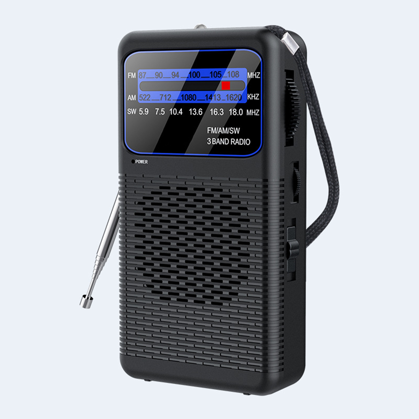 Ein schwarzes tragbares Radio mit Frequenzanzeige. Es hat eine kleine Antenne und Bedienelemente an der Seite.