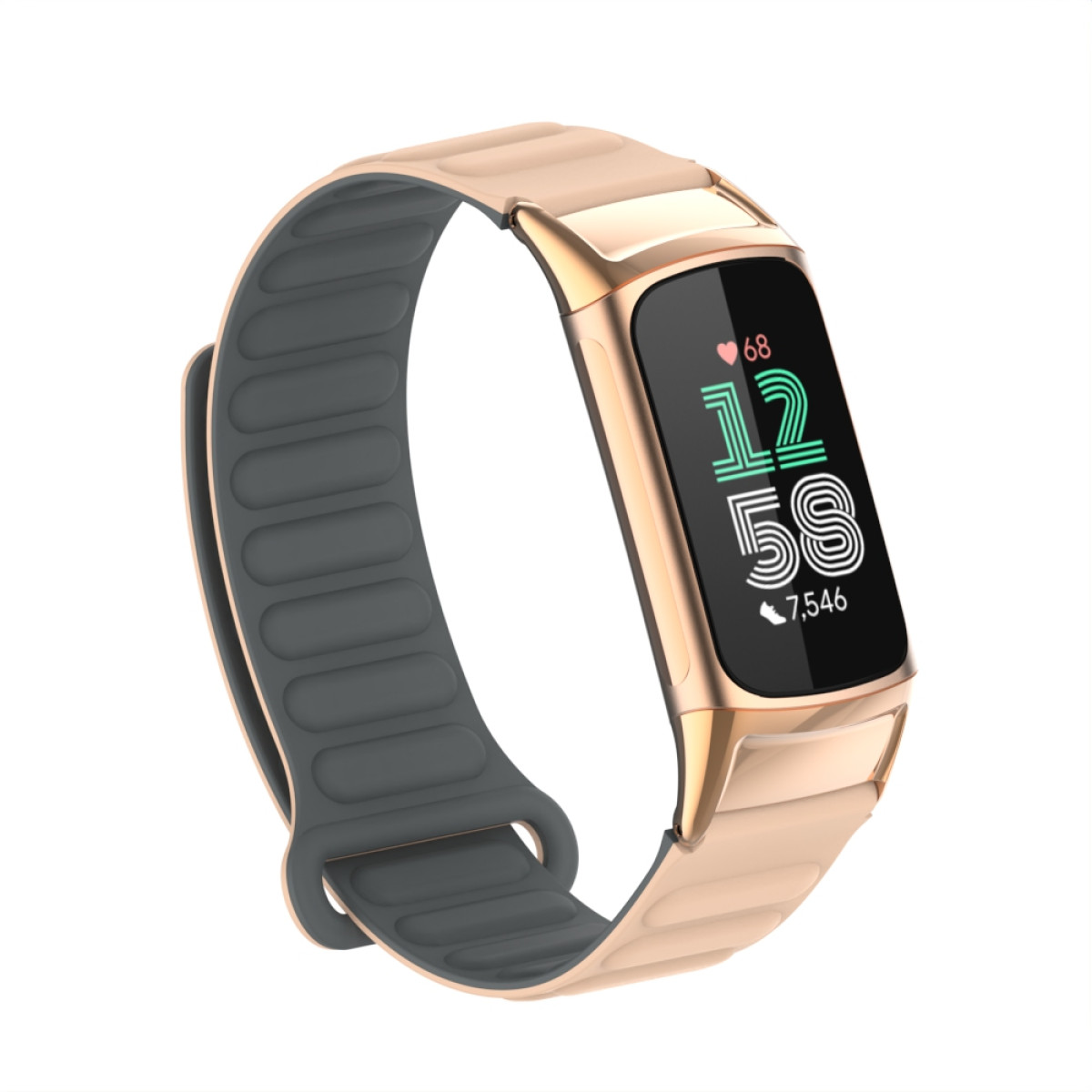 Eine roségoldene Smartwatch mit schwarzem Display und Datenanzeige. Sie hat ein graues Armband. Der Hintergrund ist unscharf.