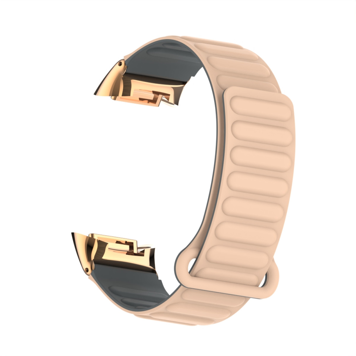 Ein beiges und goldenes Smartwatch-Armband mit Magnetverschluss, vor weißem Hintergrund.