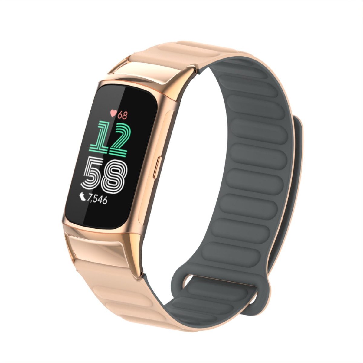 Eine goldene Smartwatch mit Datendisplay, mit beigem und grauem Band, weißer Hintergrund.