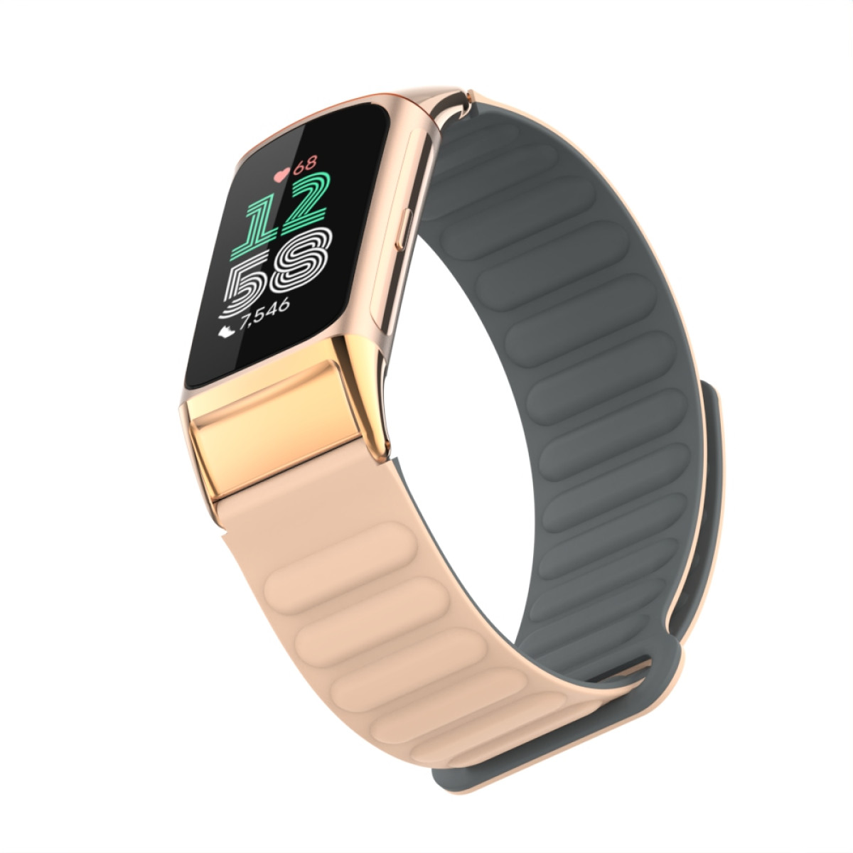 Eine goldene Smartwatch mit Datendisplay, mit beigem und grauem Band, weißer Hintergrund.