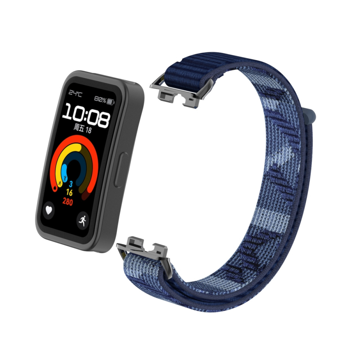 Uno smartwatch e un cinturino. L'orologio è nero, il cinturino è blu mimetico. Lo sfondo è bianco.