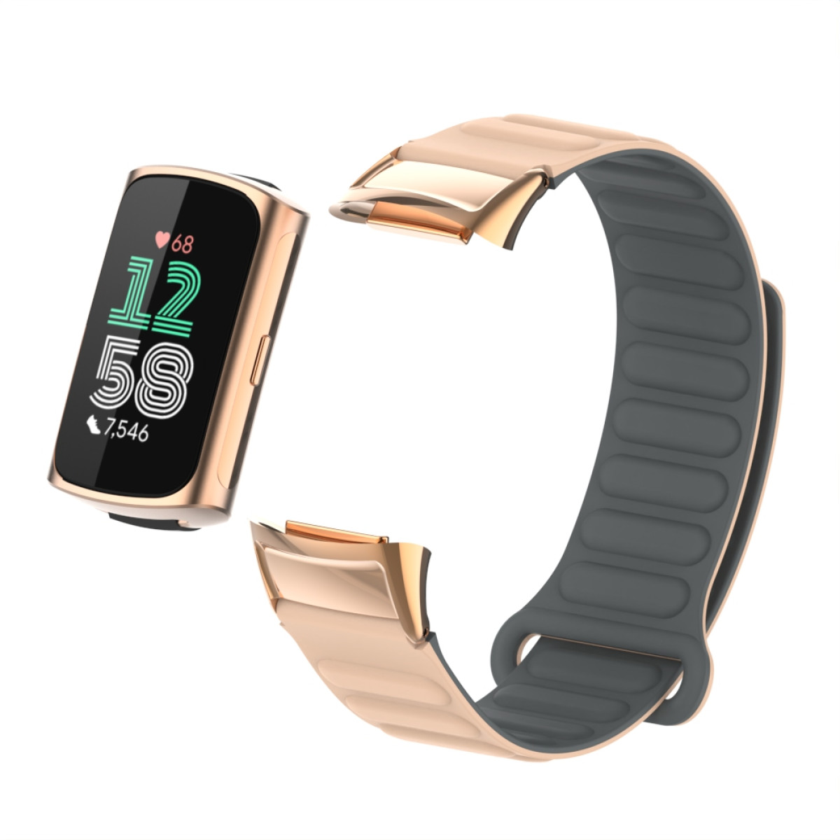 Eine goldene Smartwatch mit digitaler Anzeige und einem abgenommenen goldenen Armband. Das Display zeigt Zeit und Herzfrequenz.