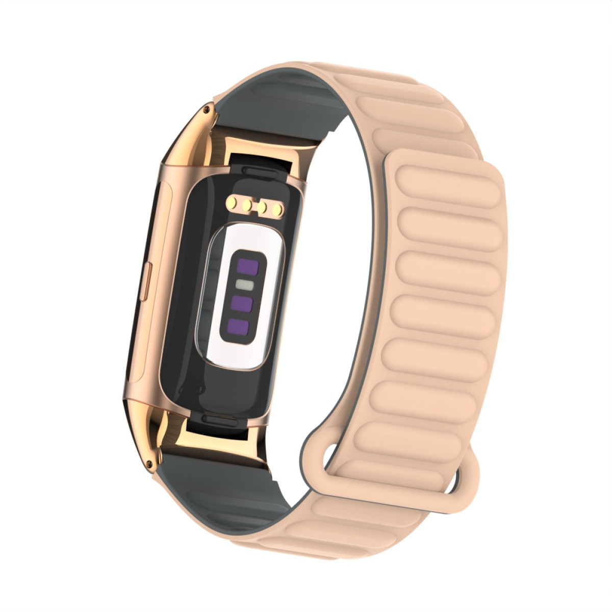 Eine goldene Smartwatch mit hellrosa Armband. Die Rückseite zeigt Sensoren und Ladepunkte. Das Armband ist offen.