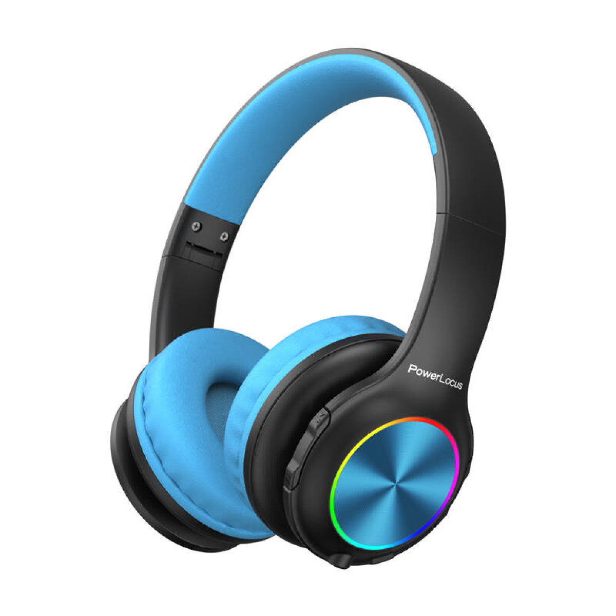Cuffie blu e nere su sfondo bianco. I padiglioni sono blu e il logo è multicolore.