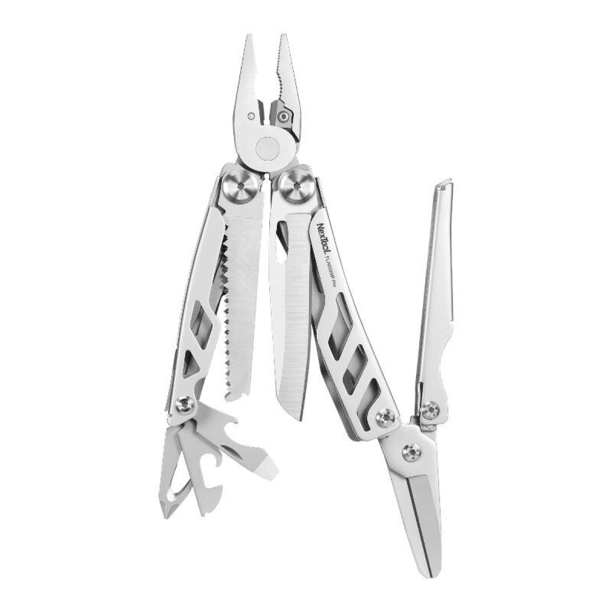 Silbernes Multitool mit Zange, Säge, Messer, Schere und anderen Werkzeugen.