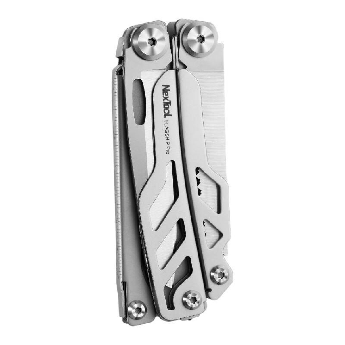 Ein silbernes Multi-Tool, teilweise geöffnet, mit verschiedenen Werkzeugen. 'Nextool' und 'Flagship Pro' sichtbar.