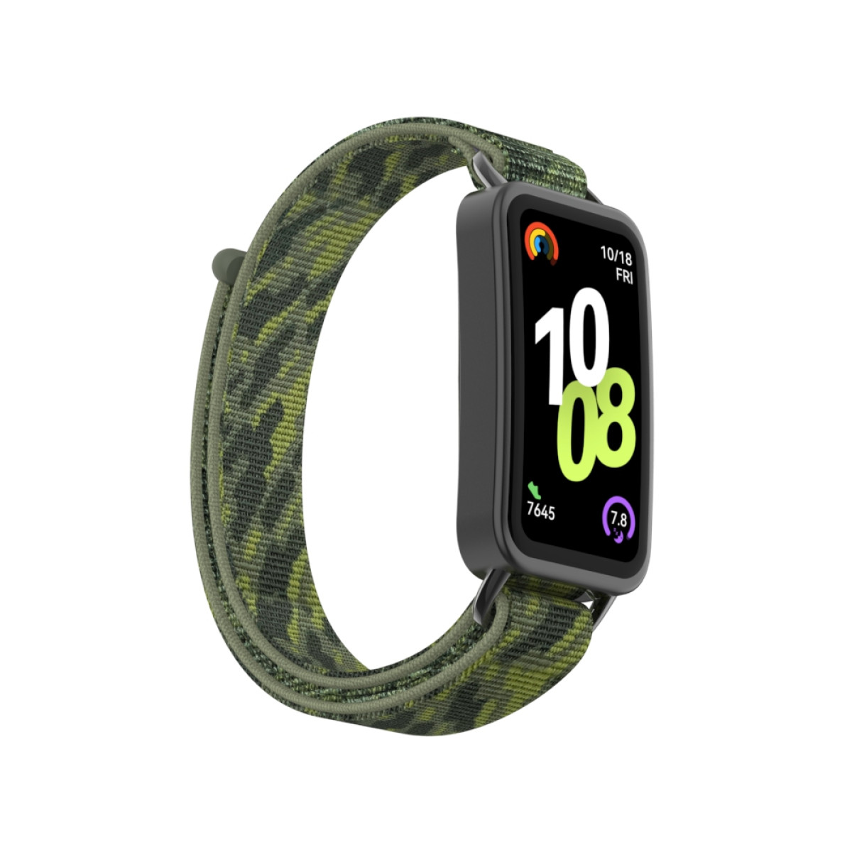 Smartwatch mit grünem Tarnband, das Zeit und andere Metriken anzeigt.