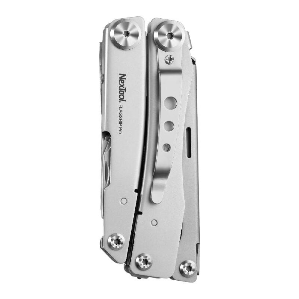 Ein silbernes Multitool wird in gefalteter Position gezeigt.