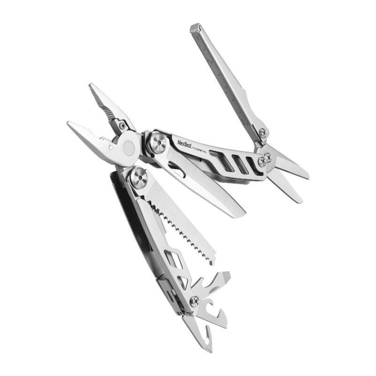 Ein silbernes Multi-Tool, vollständig geöffnet, mit Zangen, Scheren, einer Säge und anderen Werkzeugen. 'Nextool'.