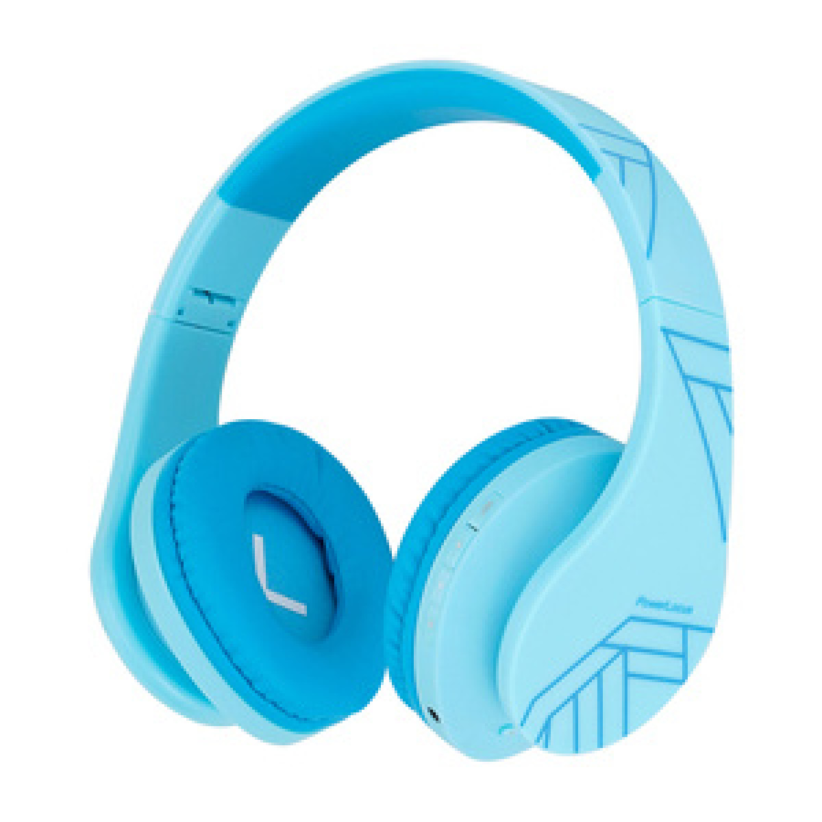 Hellblaue Over-Ear-Kopfhörer mit dunkelblauen Akzenten und PowerLocus-Branding.