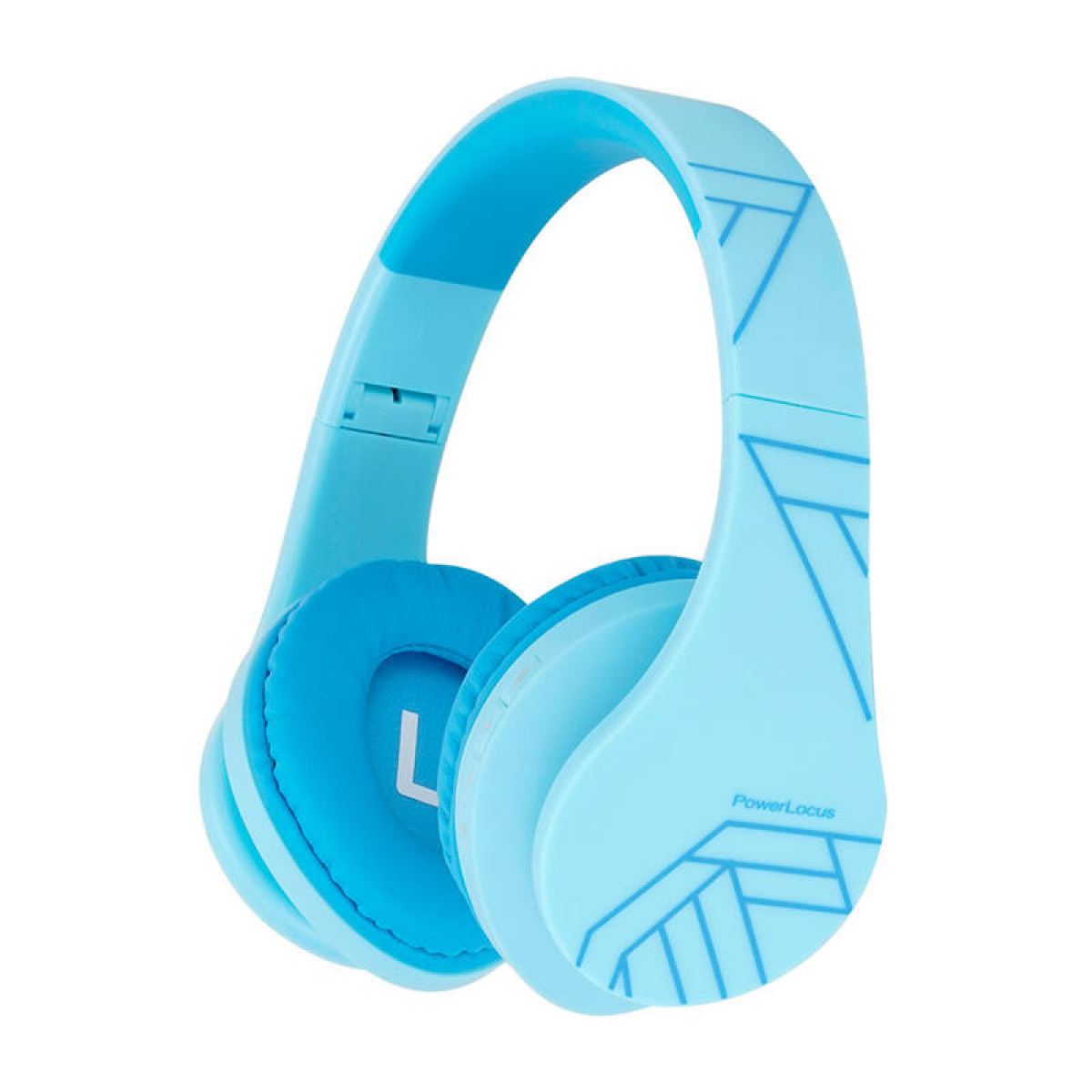 Blaue Kopfhörer mit hellblauem Design. Sie haben ein gebogenes Band und Ohrmuscheln mit dem Buchstaben 'L'.