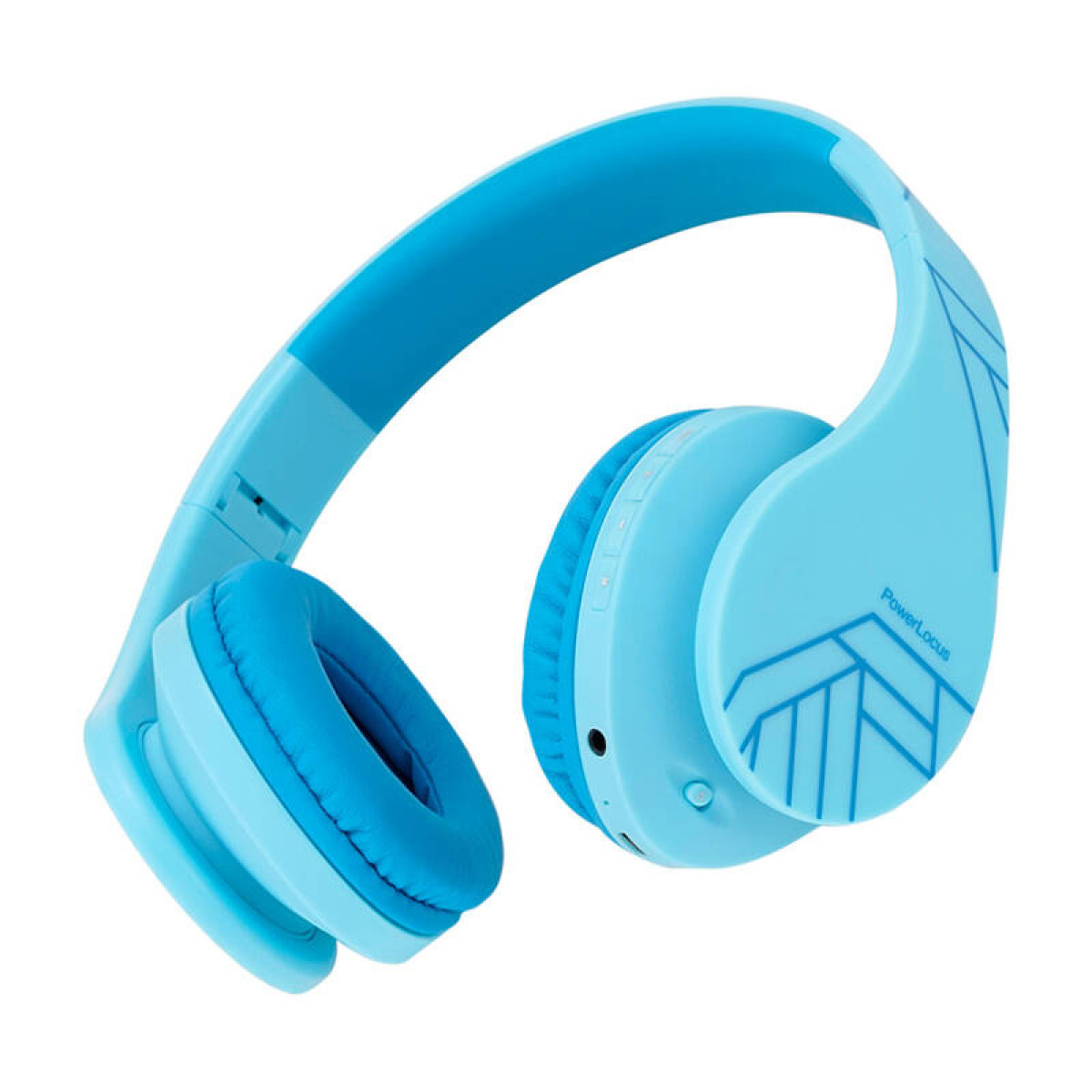 Hellblaue Over-Ear-Kopfhörer mit dunkelblauen Akzenten und PowerLocus-Branding.