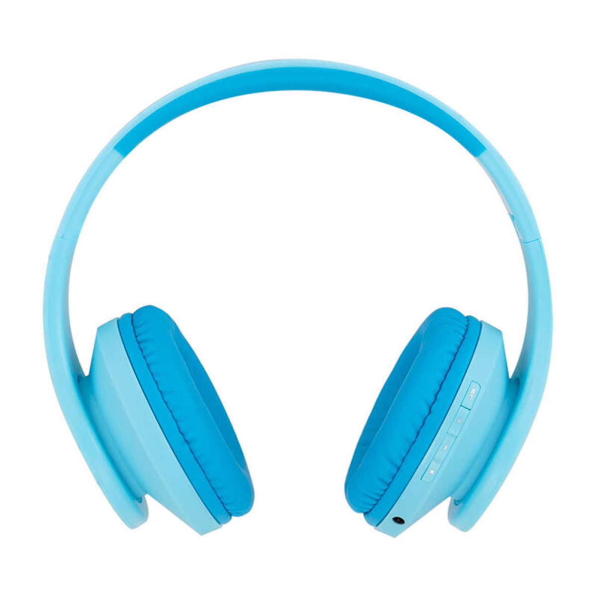 Hellblaue Over-Ear-Kopfhörer, schlichtes Design mit Knöpfen auf der rechten Ohrmuschel.