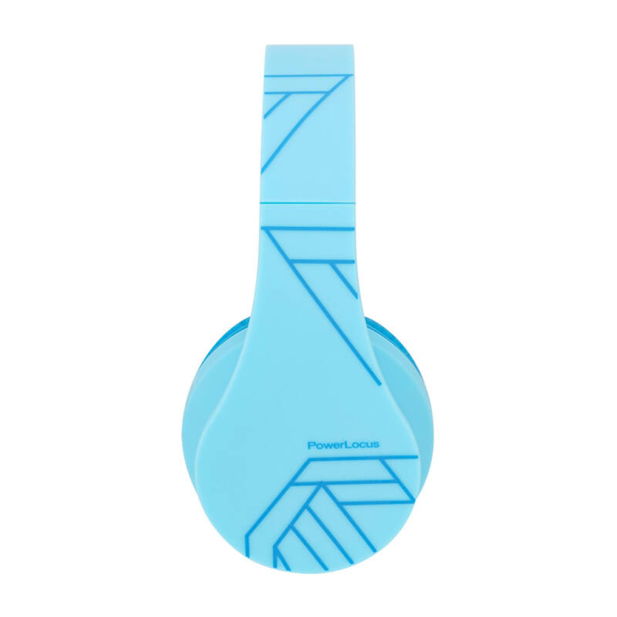 Blaue Kopfhörer mit blauem Kopfband, mit weißem Design und PowerLocus darauf.