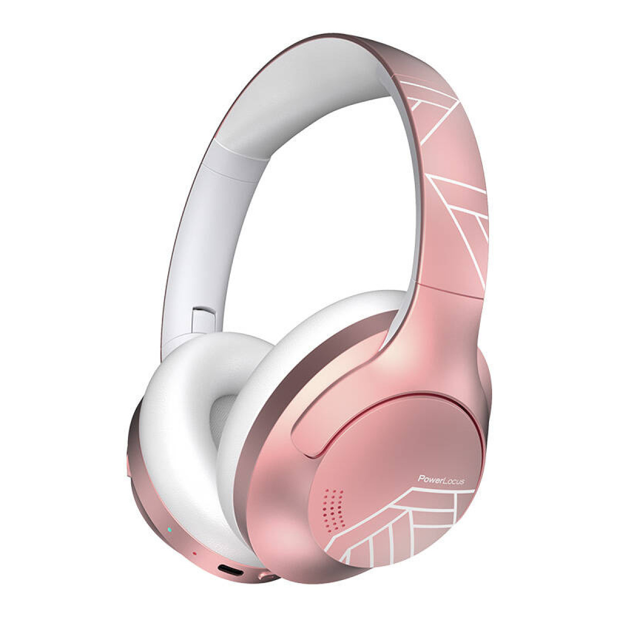 Rosa-weiße Kopfhörer mit PowerLocus-Logo. Ohrmuscheln sind rosa.