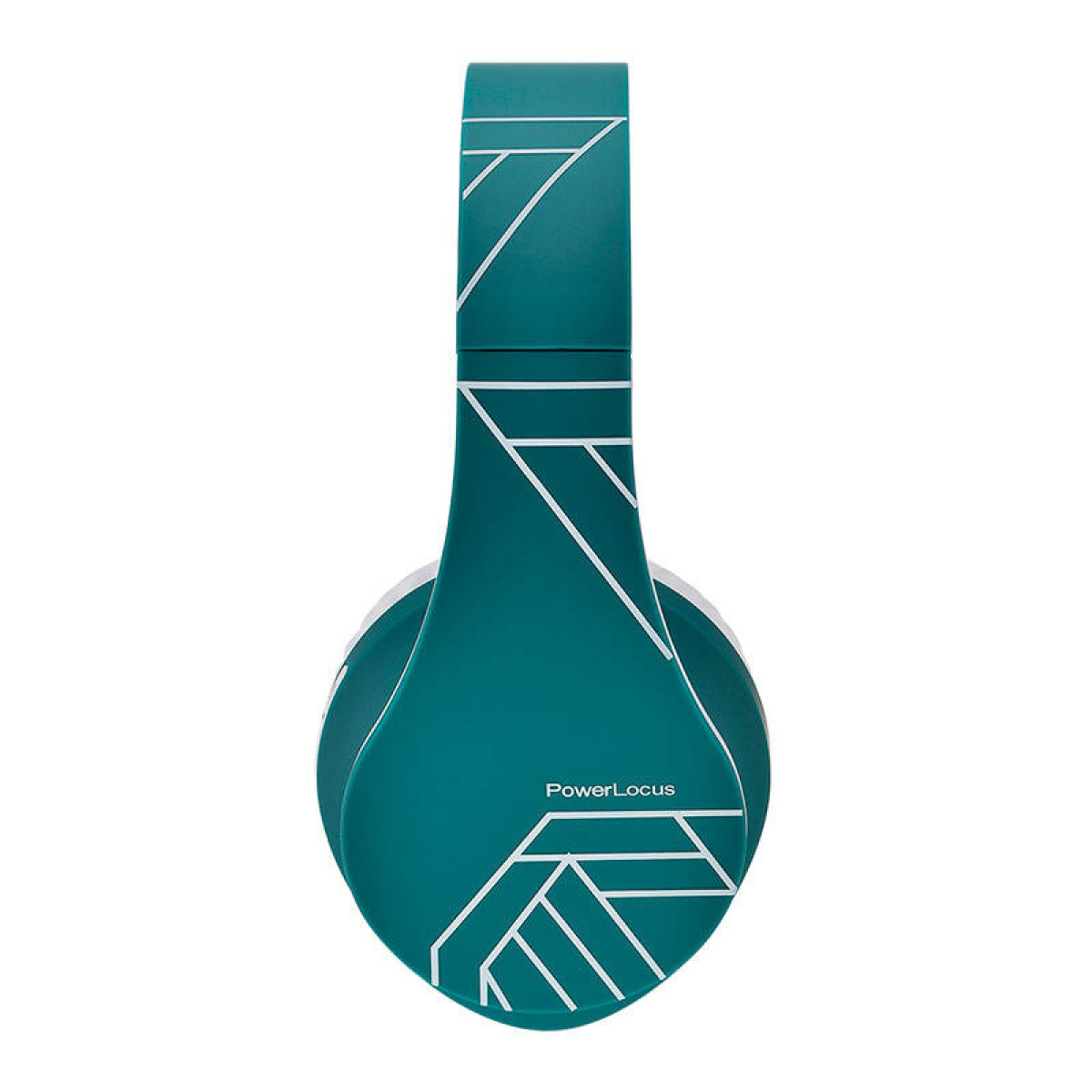 Cuffie over-ear verde acqua con motivi geometrici bianchi e logo PowerLocus.
