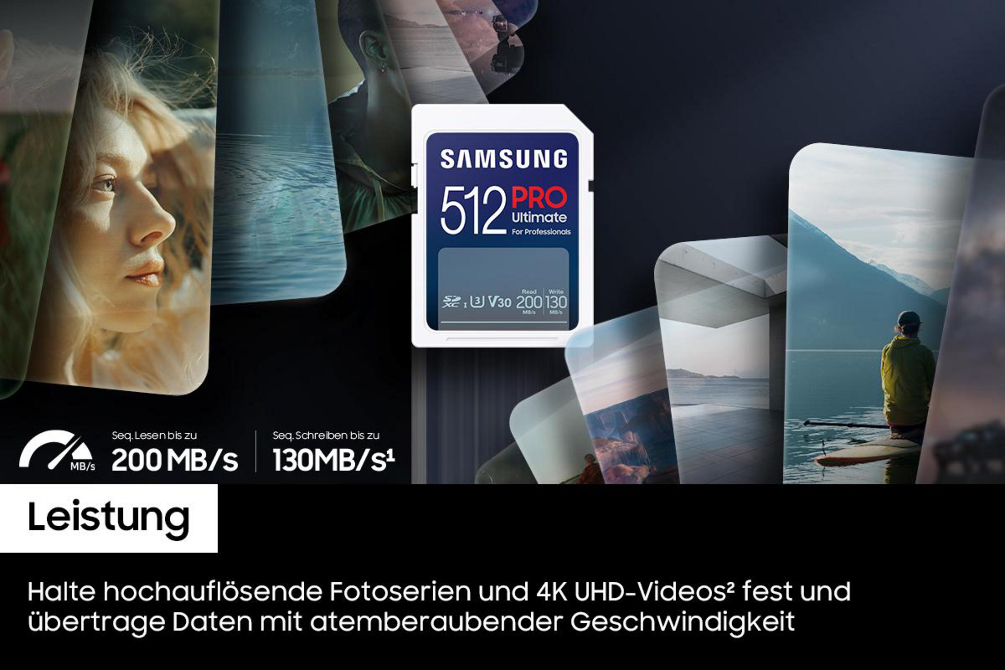 Karta pamięci Samsung 512 GB ze specyfikacjami. Tekst w języku niemieckim: moc, odczyt do 200MB/s, zapis 130MB/s.