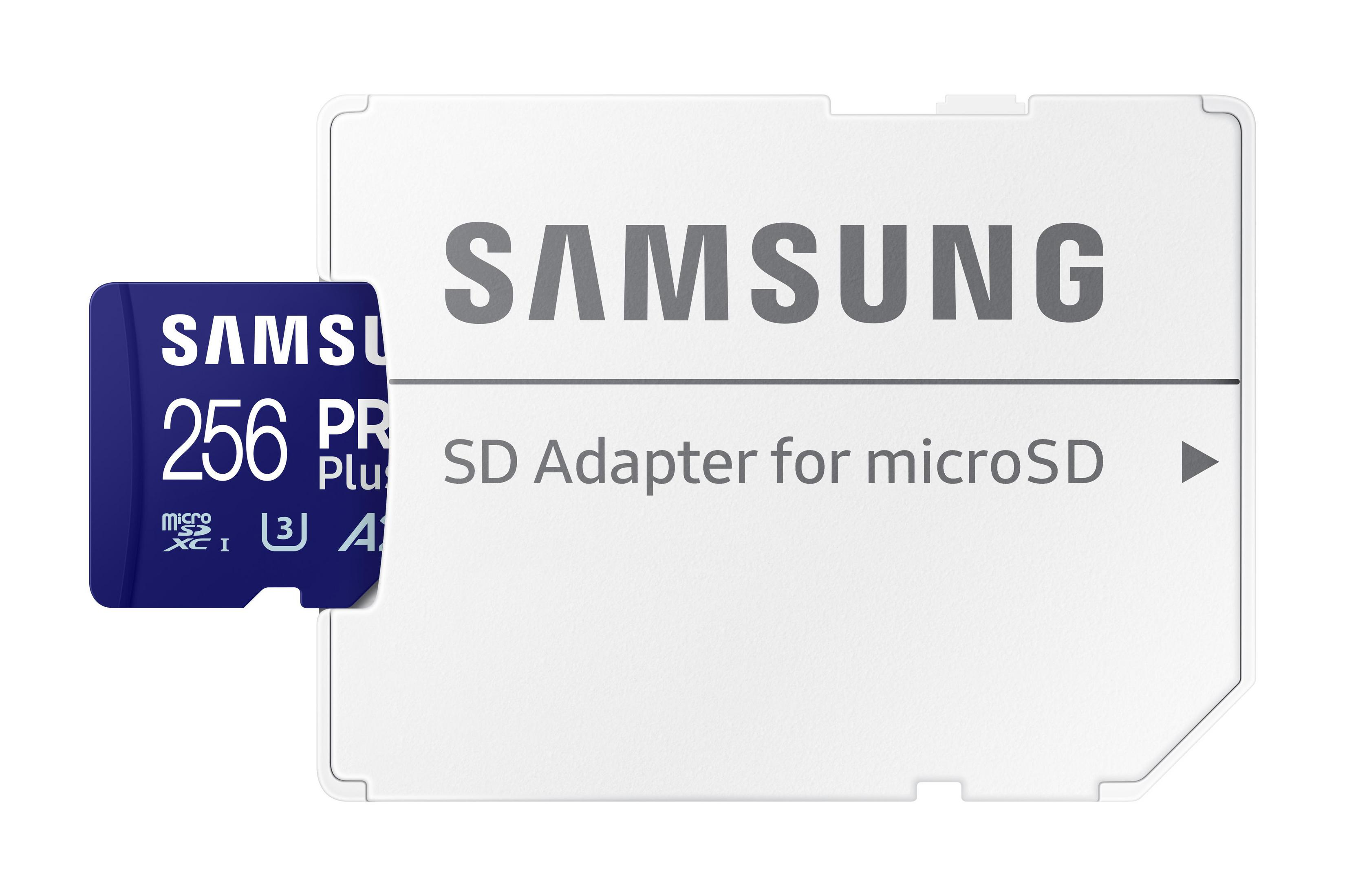 Eine Samsung 256 Pro Plus microSD-Karte mit SD-Adapter, weißer Hintergrund, für Kameras.