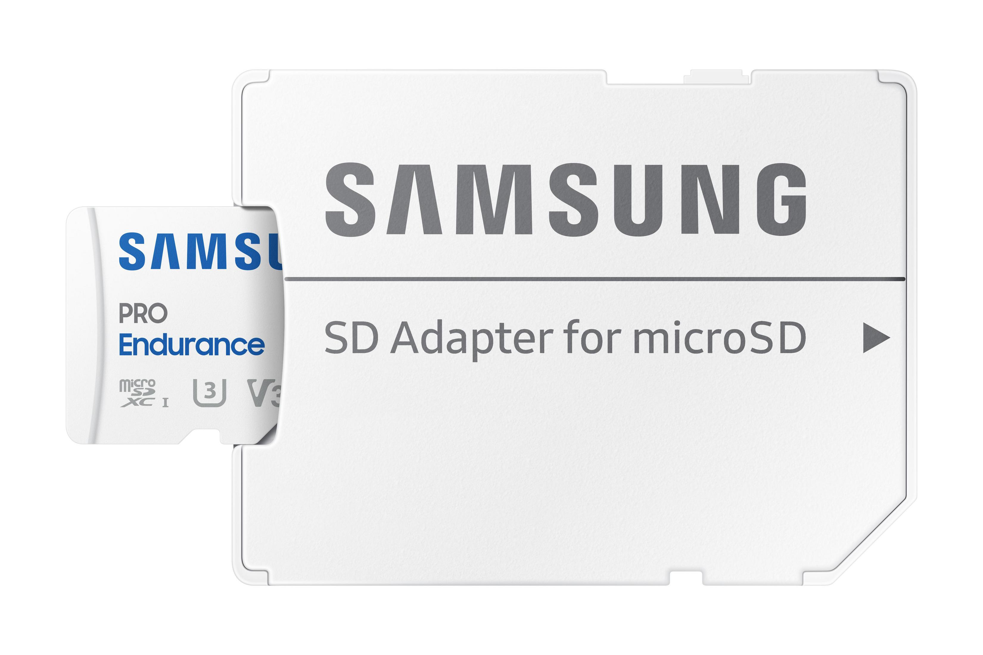 Biały adapter SD i karta microSD. Marka Samsung. Tekst: Adapter SD dla microSD.